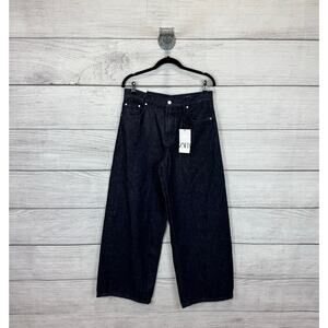 Zara Women's Mid-Rise Loose Fit Dark Washed Wide Leg Jeans Size 6